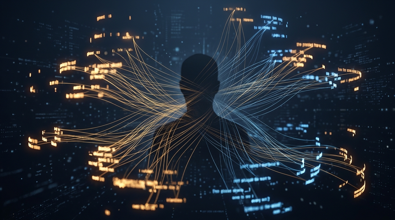 Text fragments connecting to a hidden entity silhouette via contextual cues