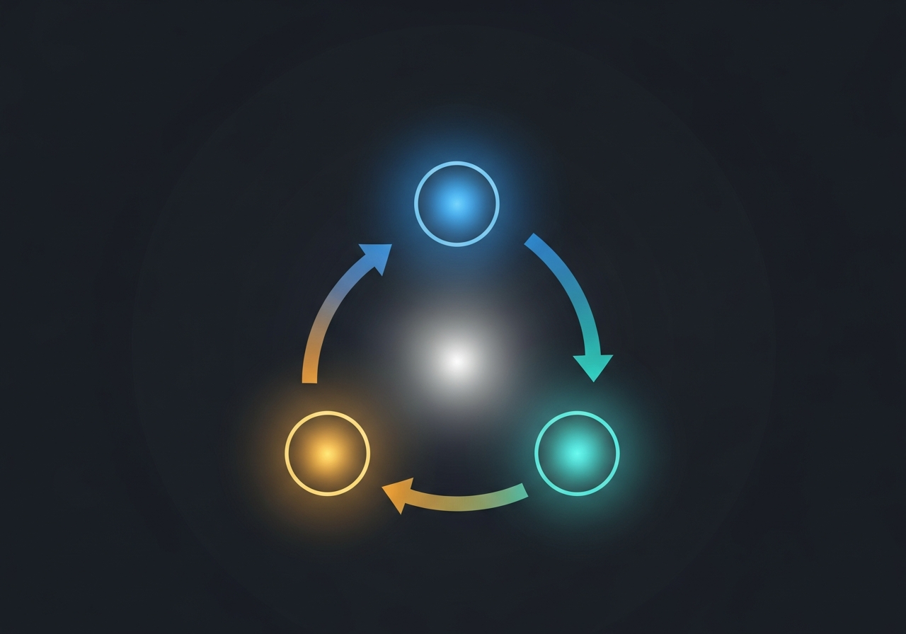 Three glowing nodes cycling through teacher, student, and judge roles
