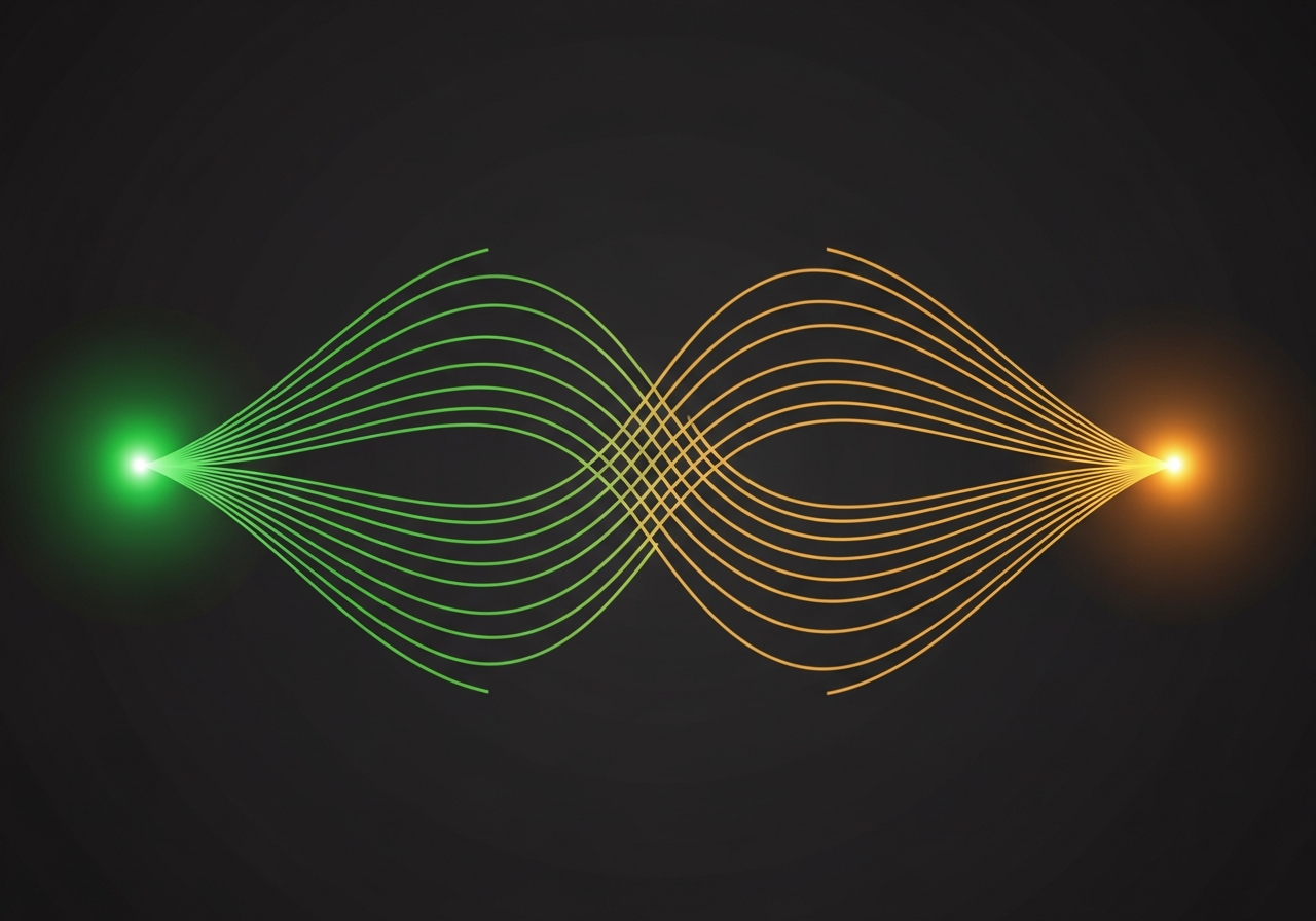 Green and amber arcs crossing and converging between two reasoning agents