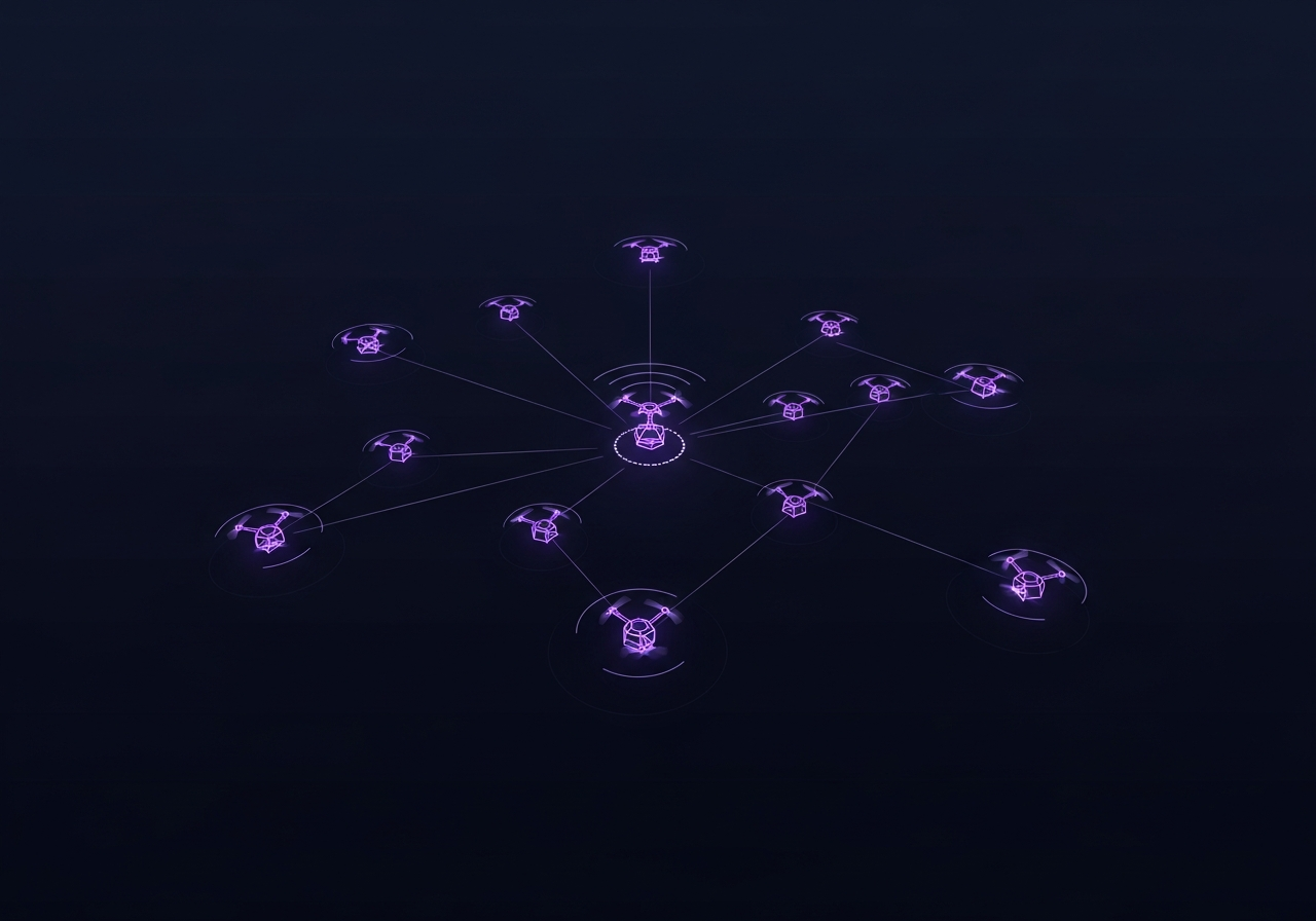 Purple drone nodes clustered around a shared outcome log with no direct links