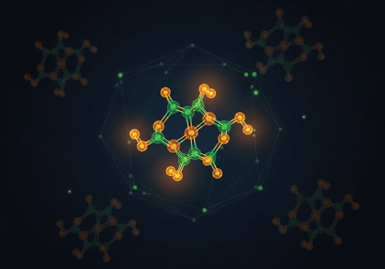 Glowing molecular structure with ghost outlines of rejected variants