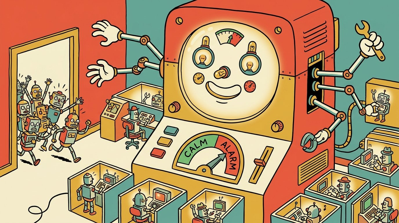 A giant friendly retro computer with many arms runs tiny robot programs in cubicles; a dial on its chest swings from calm to alarm as a crowd of reinforcement robots bursts through the door.