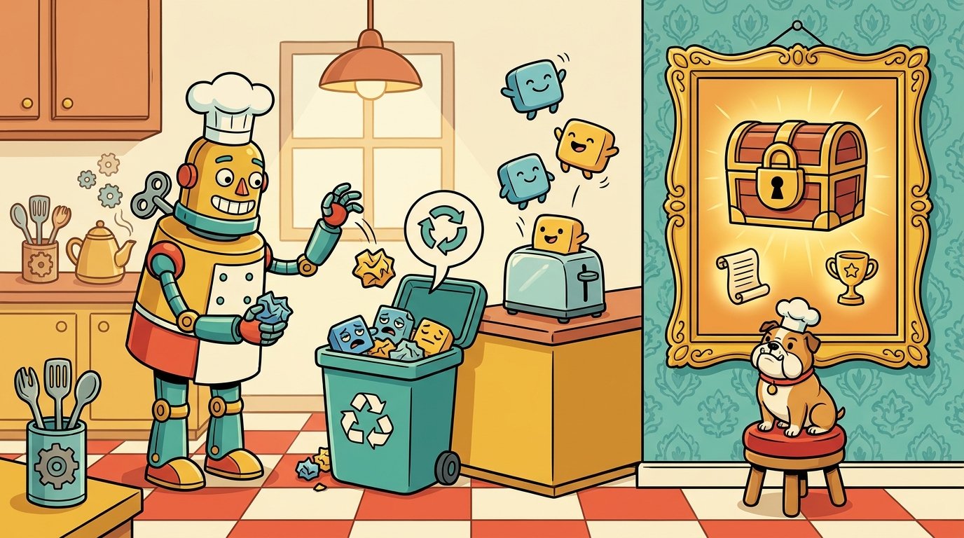 A robot chef tosses used little program creatures into a recycling bin while fresh ones pop out of a toaster; on the wall, a golden frame holds a locked treasure chest with a scroll and trophy, guarded by a small bulldog in a chef's hat.