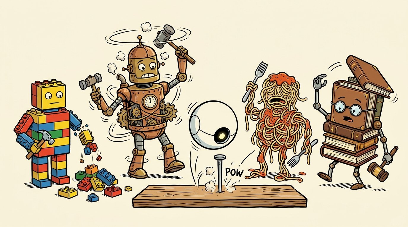 Five very different robots, one made of toy bricks, one steampunk, one a floating sphere, one made of spaghetti and one made of books, each fail at hammering a nail in its own comic way, yet the nail ends up driven in.