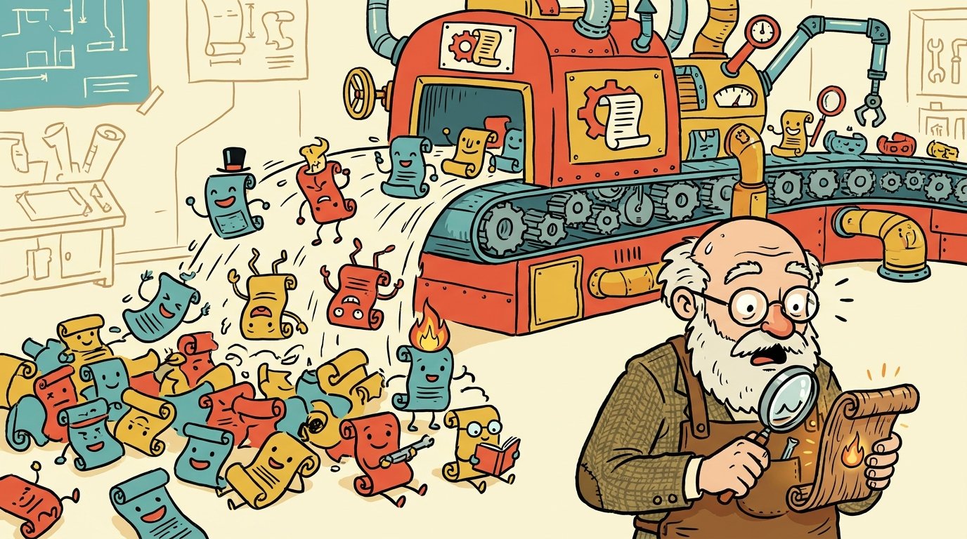 A factory conveyor belt floods the floor with hundreds of cheerful little program creatures while an old craftsman programmer stares at his single hand-carved program through a magnifying glass.