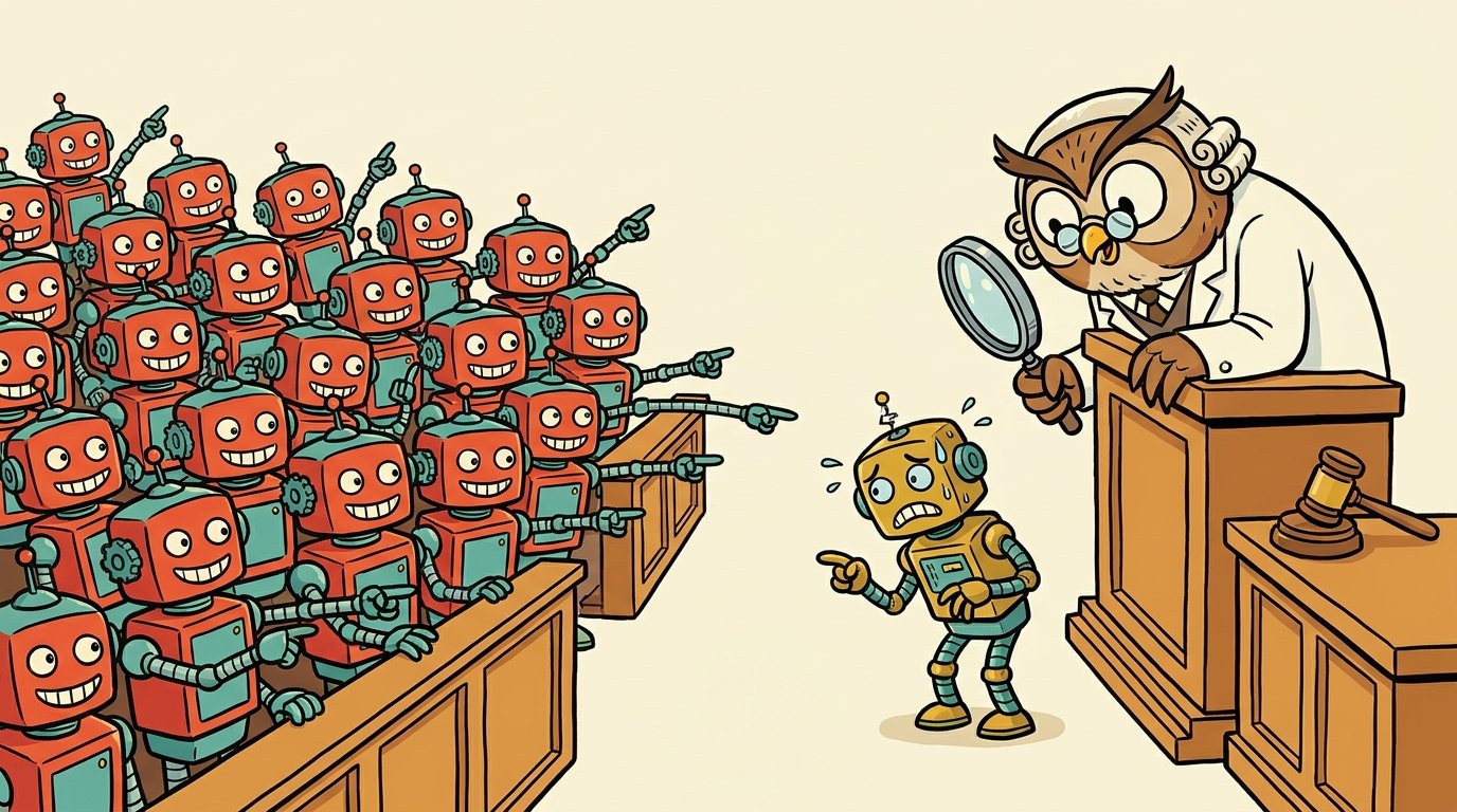 Ninety-nine identical robots in a jury box all point one way while a single nervous robot points the other way; an owl judge leans in with a magnifying glass, fascinated by the lone dissenter.